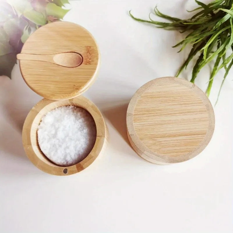 Salt, Pepper, Sugar Condiment Bowl, Bamboo with Spoon in Lid