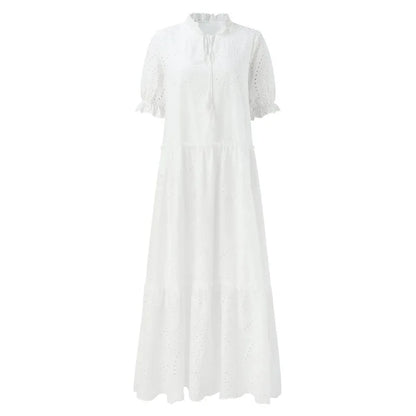 Sizes to 2XL, Bohemian, White Cotton Casual Dress, Loose, Tatting on Dress and Sleeves, V-Neck with Tie Cord