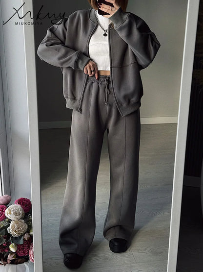 Warm 2 Piece Sweatsuits, Thick Fleece, Zipper Jacket, Batwing Sleeves, Clean Lines