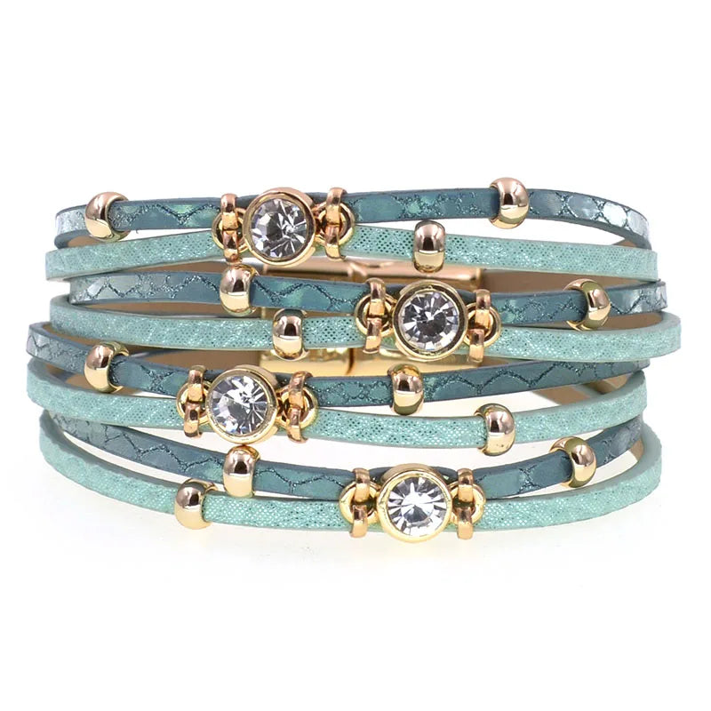 4 colors Bohemian leather bracelets  Metal bead charm bracelet with magnet back closure