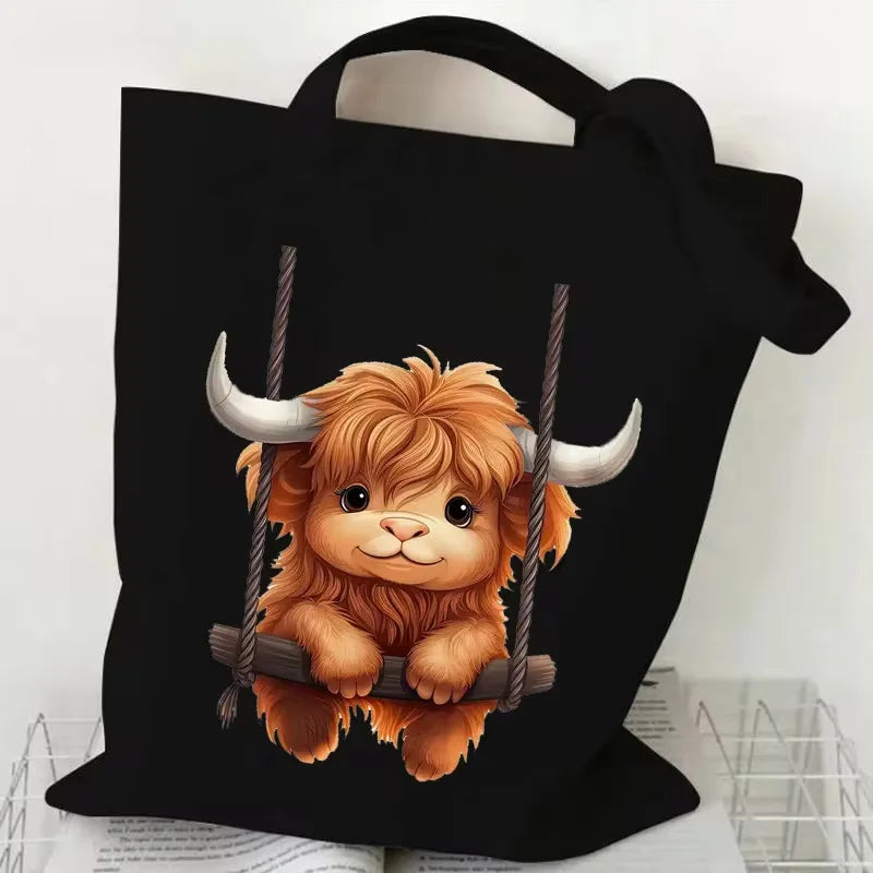 Adorable Highland Cow Print Canvas Large Capacity Tote Bag
