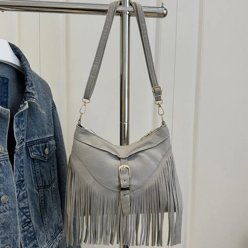 Bohemian Suede Leather Under-Arm Zipper, Tassels, Shoulder Bag, Solid Color PU Leather, Black, Grey, Coffee, and Light Brown