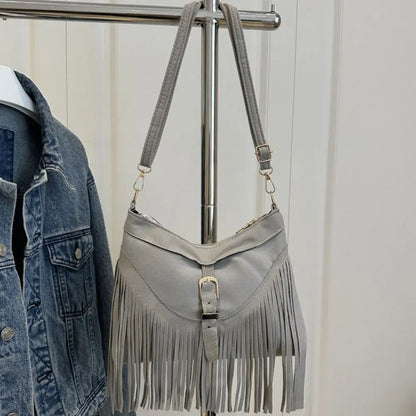 Bohemian Suede Leather Under-Arm Zipper, Tassels, Shoulder Bag, Solid Color PU Leather, Black, Grey, Coffee, and Light Brown