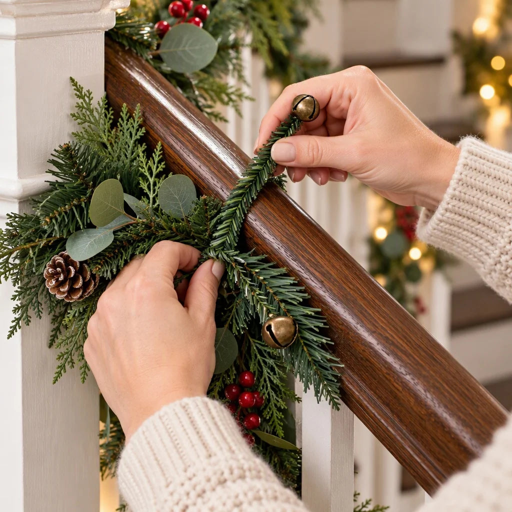 10Pcs 30CM/11.8inch Christmas Bendable Pine Needle Twist Ties with Jingle Bells,  for Wreath Stair Railing Mantel Holiday Decor