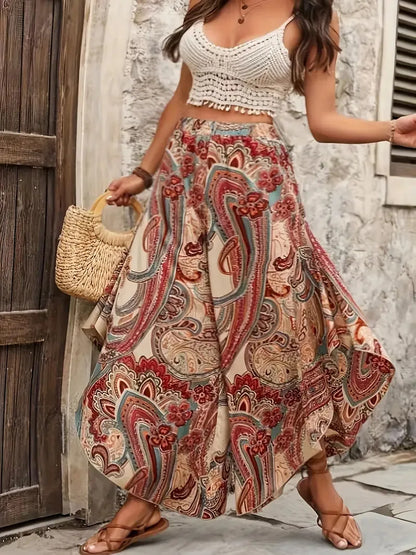 To sizes 4XL Boho Paisley Culottes, Elastic Waist, Extra  Wide Leg Trousers