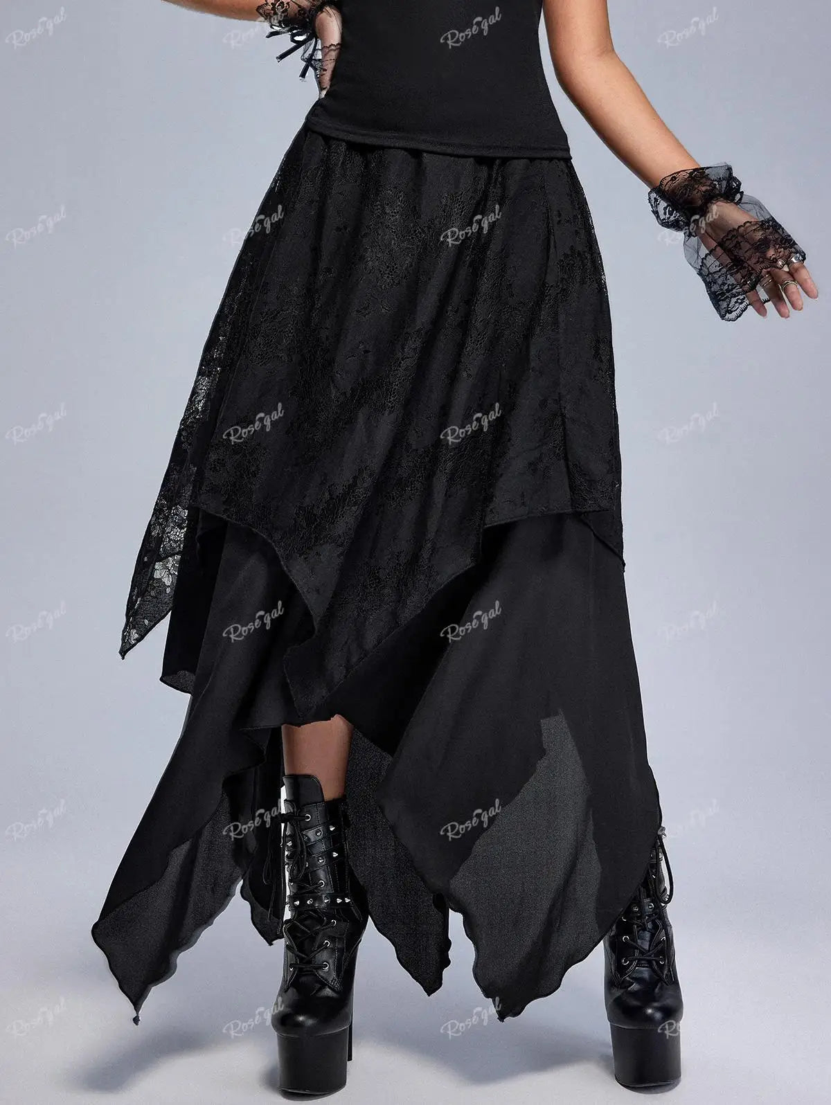 Sizes to 5XL Gothic Asymmetrical Skirt with Layered Lace Overlay, Handky Hem, Flowy Maxi Skirt Black, Deep Red, and White