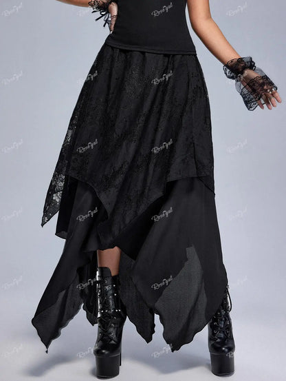Sizes to 5XL Gothic Asymmetrical Skirt with Layered Lace Overlay, Handky Hem, Flowy Maxi Skirt Black, Deep Red, and White