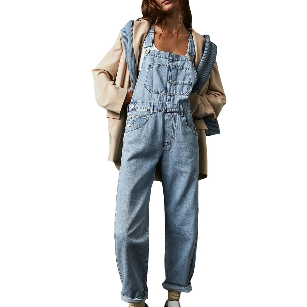 Women's Denim Overalls Vintage Loose-Fit Straight-Leg Denim Jeans Jumpsuits