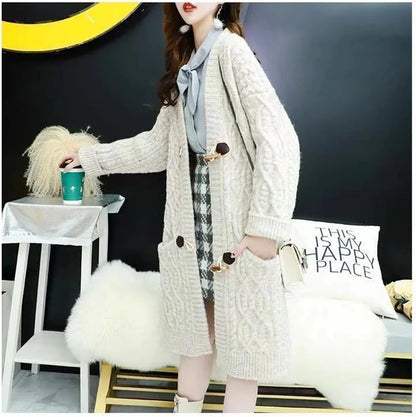 Cable Knitted Mid-Length Cardigan with Pockets and Two Large Black Buttons. Peach, Yellow, Off White, and Green