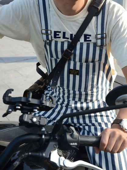 Sizes to 2XL American Retro Striped Denim Overalls Classic Fit Workwear Pants