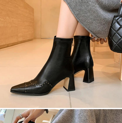 Rivetted Boots with Square Toes and Chunky Heels. Over the Ankle Stretch Tops