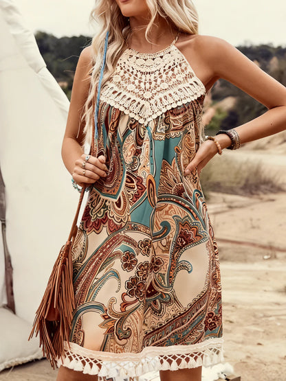 Boho Paisley Halter Dress - Lace Crocheted Tassel Hem Sleeveless Mini Dress