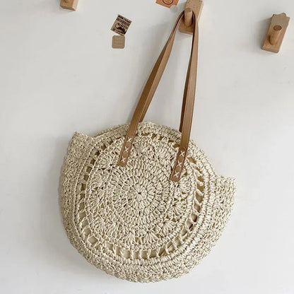 Round Straw Shoulder Bag Large Capacity Hollowed Out Weave