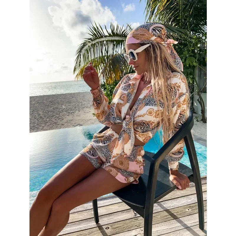 Printed Shorts Set with Polo Collar, Long Sleeve Shorts and Top set