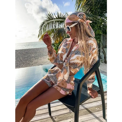 Printed Shorts Set with Polo Collar, Long Sleeve Shorts and Top set