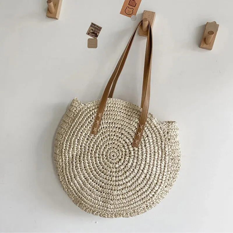 Round Straw Shoulder Bag Large Capacity Hollowed Out Weave
