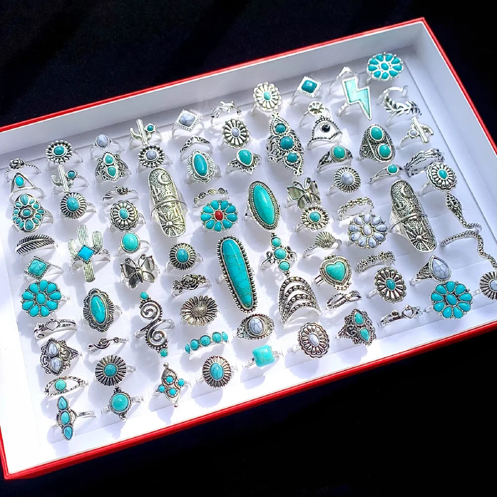 Tray of 20Pcs Vintage Bohemian Turquoise Stone Rings For Women Men Mix