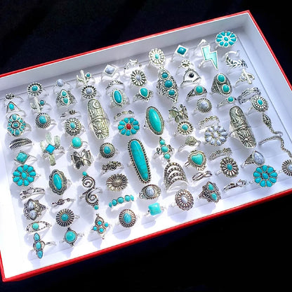 Tray of 20Pcs Vintage Bohemian Turquoise Stone Rings For Women Men Mix