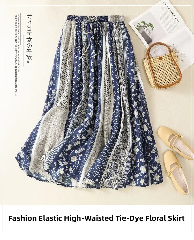 Retro Ethnic Print Flax A-Line Midi Skirt High Waist Drawstring Sizes to 2XL