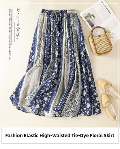 Retro Ethnic Print Flax A-Line Midi Skirt High Waist Drawstring Sizes to 2XL