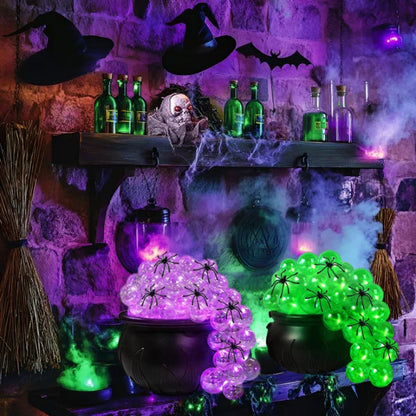 Indoor Halloween DIY Bubbling Witch Cauldron. Consists of 1 witch cauldron, cotton filling, 40 clear balls, and a string of twinkling lights, glue, and 10 simulated spiders.