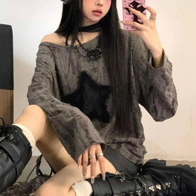 Star Print T-Shirt, Streetwear, Off Shoulder Tops, Oversized, Long Sleeve Loose Tees