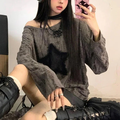 Star Print T-Shirt, Streetwear, Off Shoulder Tops, Oversized, Long Sleeve Loose Tees