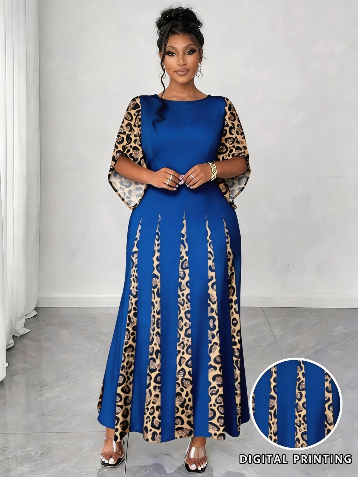 Sizes to 5XL in 3 colors, Elegant Leopard Print Maxi Dress, 3/4 Sleeve, Comfortable & Stylish