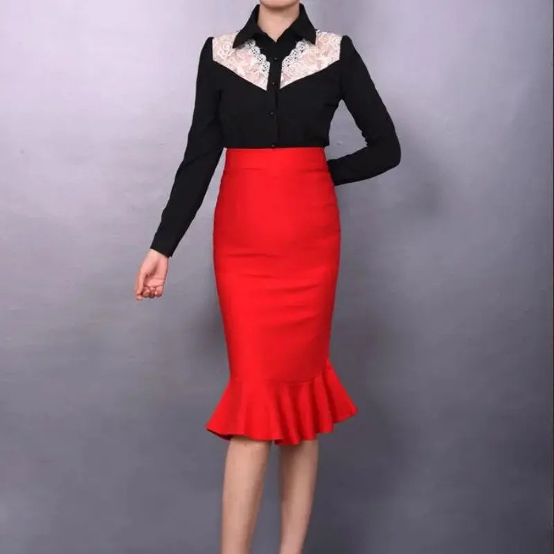 Sizes to 5XL High Waisted Stretchy One Step Pencil Skirt  with Ruffle Hem