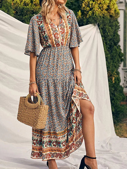 Maxi Length Boho Print Short Bell Sleeves V Neck High Waisted