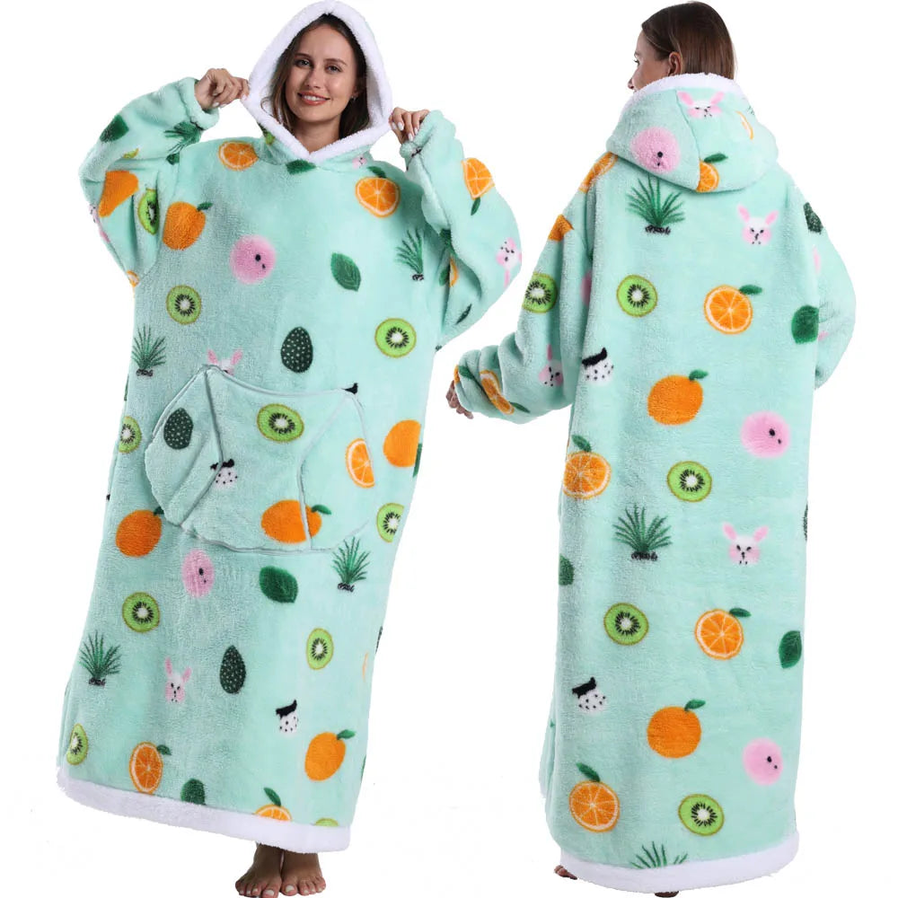Super Long Flannel Pullover Night Shirt with Pocket and Hood, Super Snuggly for Men and Women, 12 Different Prints