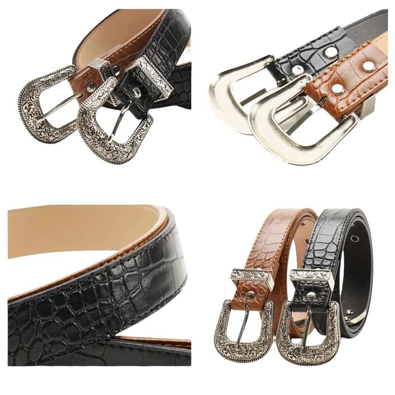 Gothic Retro Western Style Etched PU Leather with Metal Pin Buckle and End Caps
