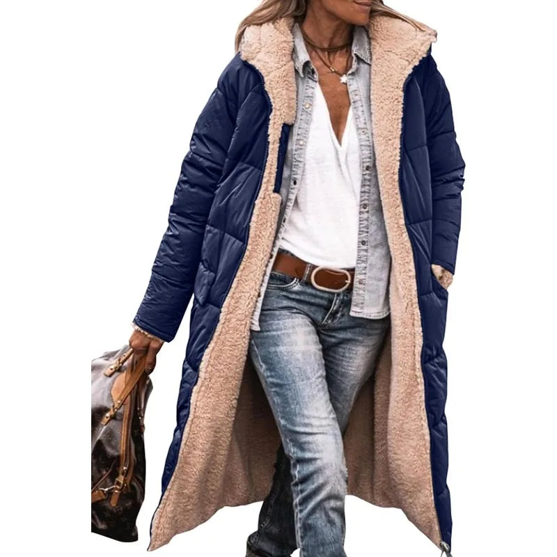 Reversible Sherpa Fleece, Long, Hooded Puffer Coats. Check colors: Brown, Green, Black, Burgundy, Light Gray