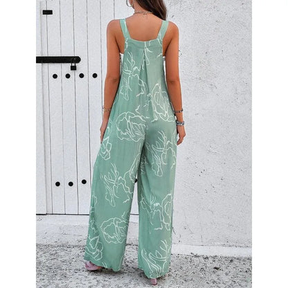 Plus Size Women's New Fashion Button Sexy Sleeveless Suspender Temperament Printed Casual Belt Pocket Jumpsuit
