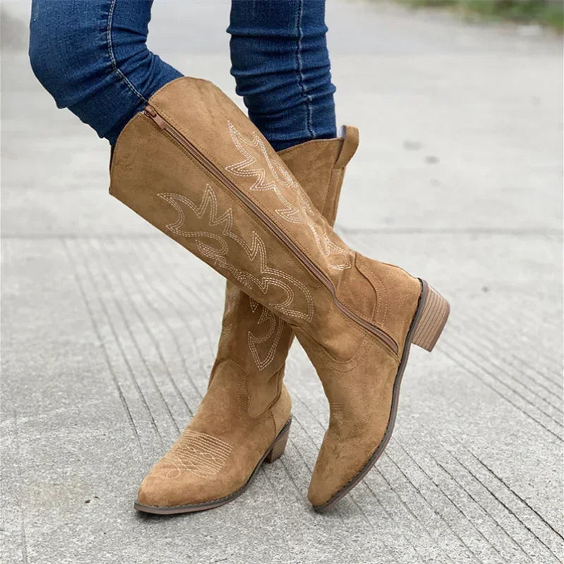 Embroidered Western Cowgirl Knee Boots with Pointed Toes and Thick Heels, High Knee Boots, PU Leather in Light and Medium Brown, Beige, and Pink