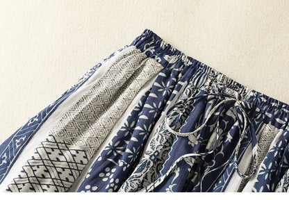 Retro Ethnic Print Flax A-Line Midi Skirt High Waist Drawstring Sizes to 2XL