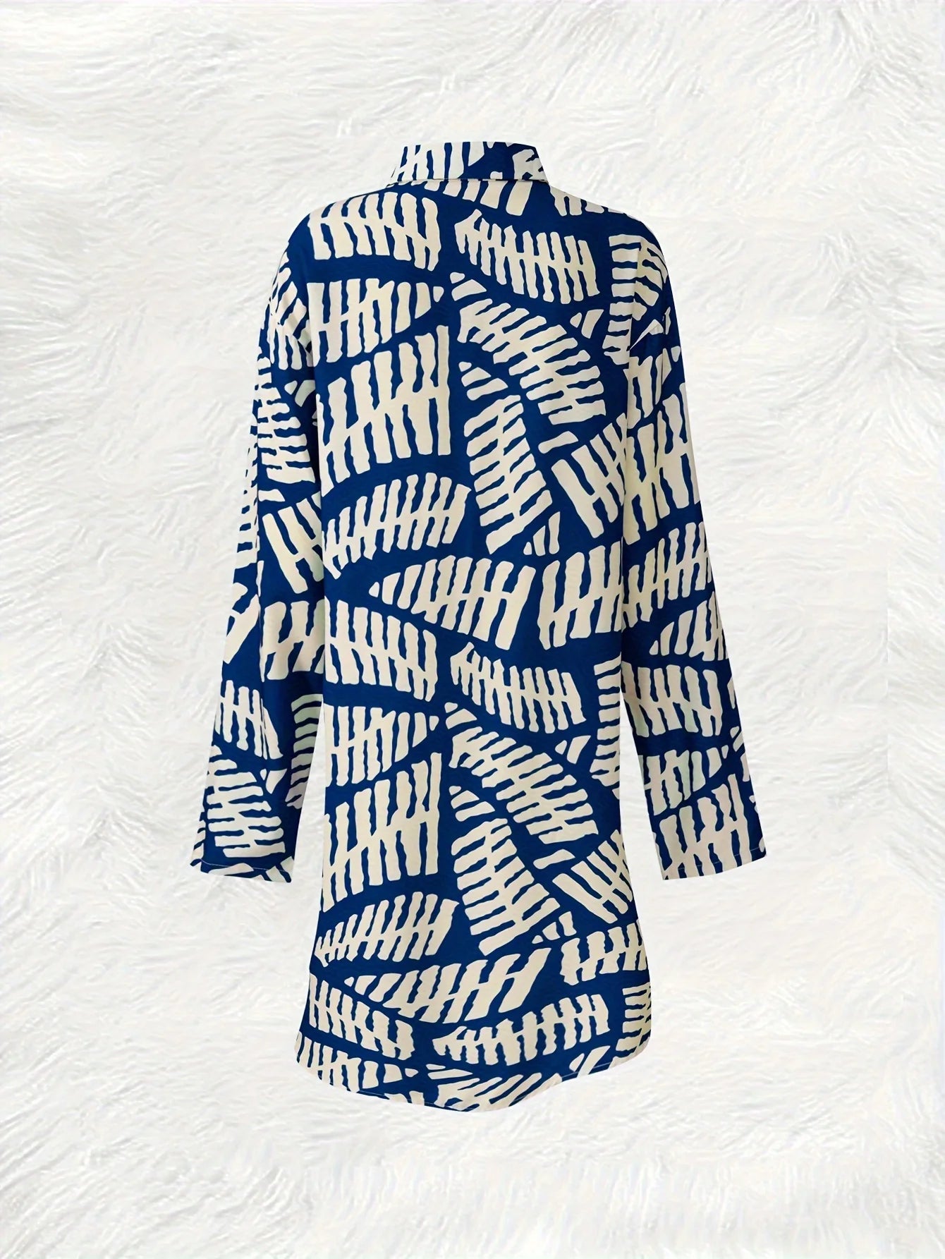 Sizes to XXL Long Sleeve Casual Dress, Blue and White Geometric Print, Button Down A Line Dress