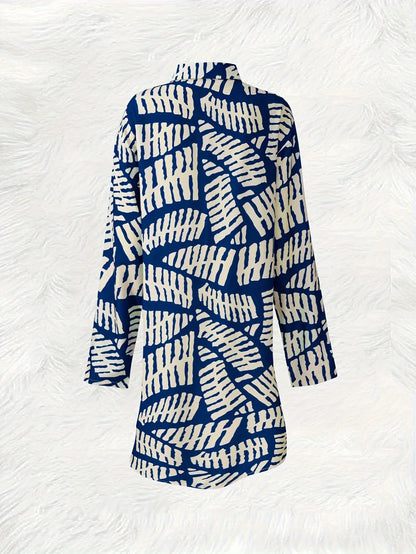 Sizes to XXL Long Sleeve Casual Dress, Blue and White Geometric Print, Button Down A Line Dress