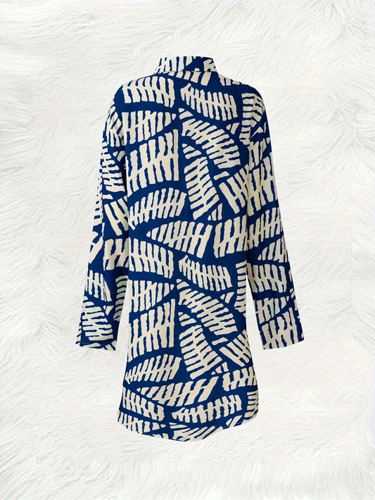 Sizes to XXL Long Sleeve Casual Dress, Blue and White Geometric Print, Button Down A Line Dress