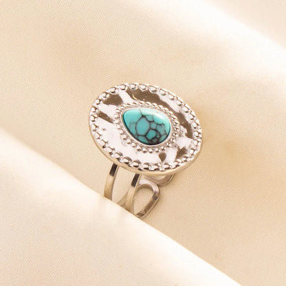 1pc Boho Turquoise Ring Stainless Steel Light Blue Gemstone Silver Adjustable Ring
