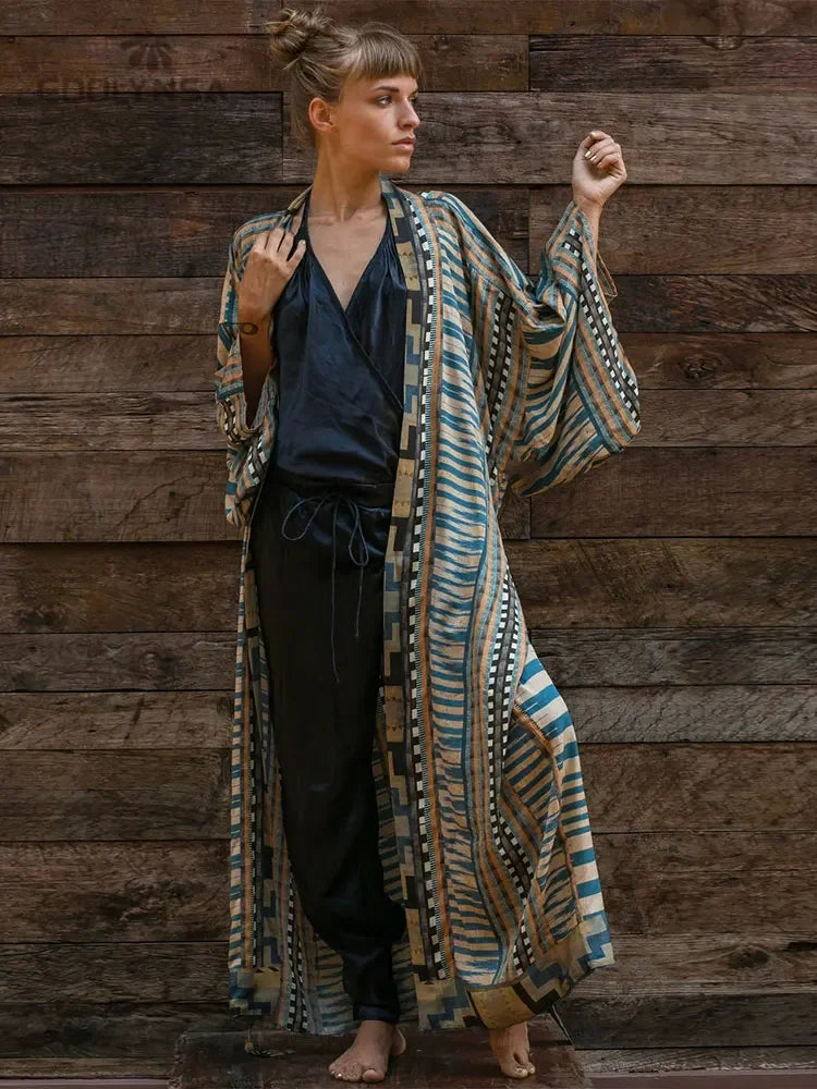 Bohemian Printed Cover-ups Elegant Belted Kimono Plus Size