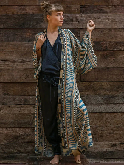 Bohemian Printed Cover-ups Elegant Belted Kimono Plus Size