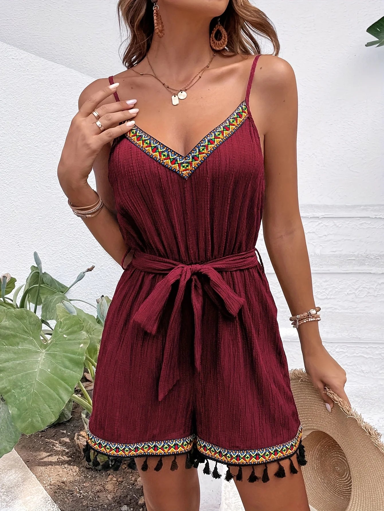 Boho Colorful Tassel Trim Text Pure Colorful Trim, and Adjustable Spaghetti Strap Jumpsuit and Sash