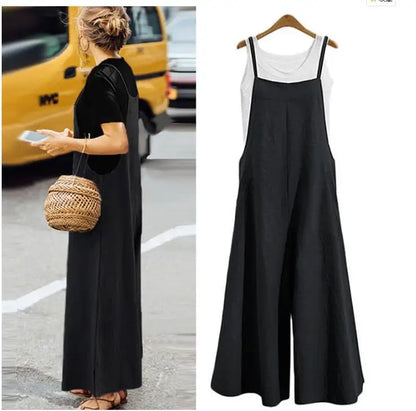 Spaghetti Strapped Jumpsuit to Sizes 5XL. Solid Color, Wide Leg Pants. Bibbed Overalls with Pockets. Casual, Loose, Cotton Linen