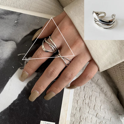 Sterling Silver Rings INS Fashion Vintage Hollow Lines  Adjustable  Jewelry