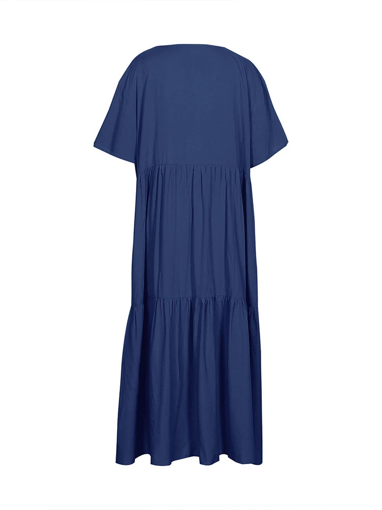 Sizes to 5XL, Loose Casual Midi Dress, V-neck, Short Loose Sleeves