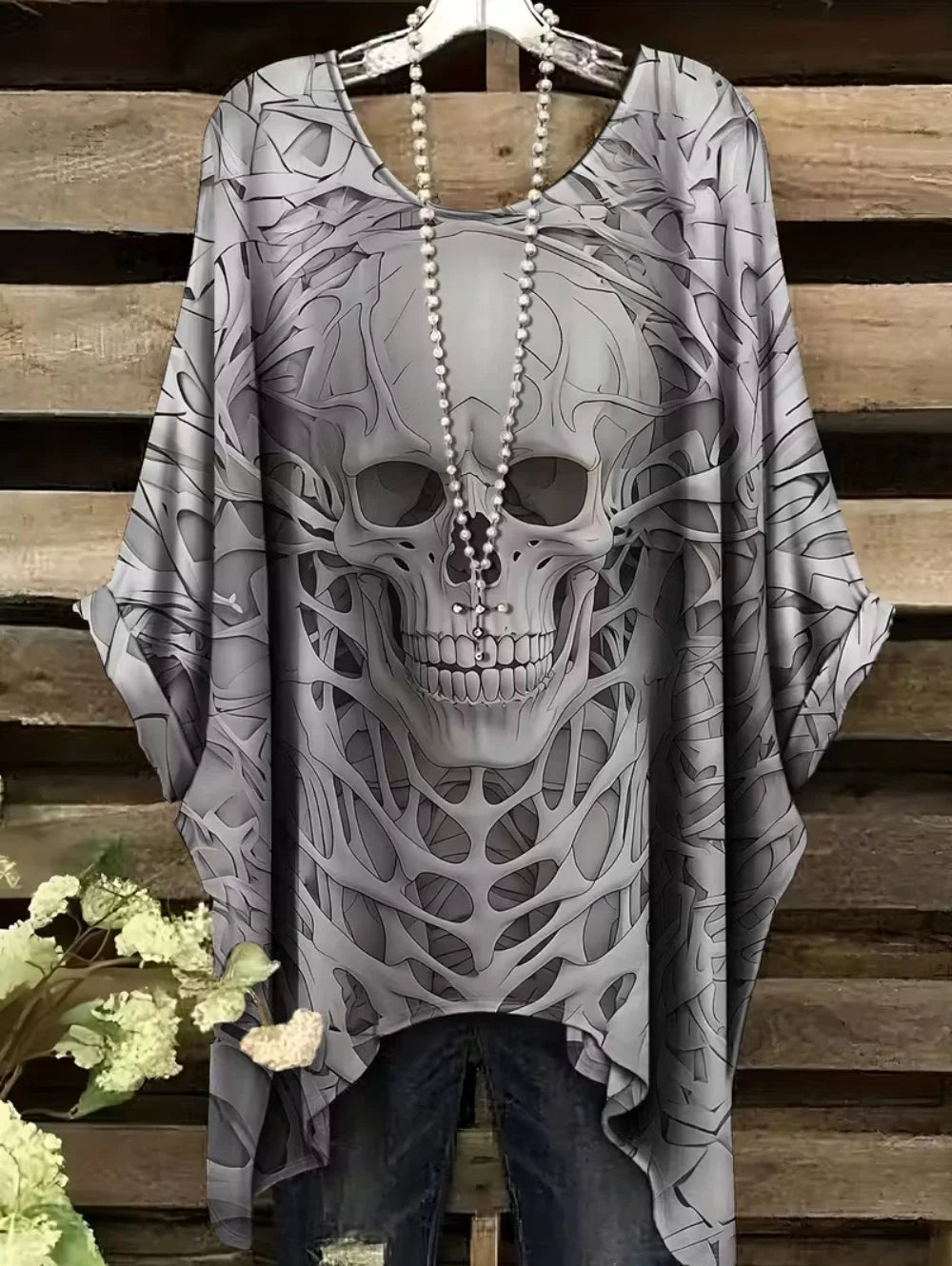 Sizes to 3XL Bohemian Skull Print Loose T-shirt Irregular Hemline O-Neck Short Sleeved Oversize Various designs