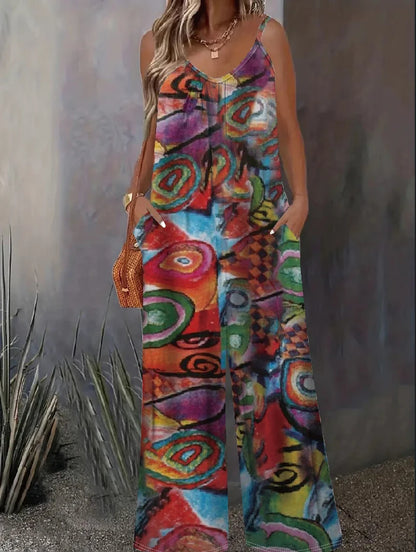 Sizes to 5XL Graffiti Print Jumpsuit Casual Sleeveless Wide Leg With Pockets and Adjustable Spaghetti Straps