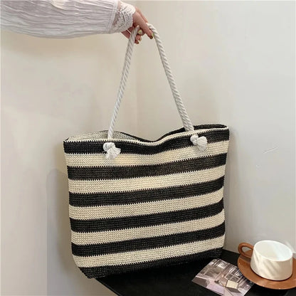 Woven Straw Shoulder Bag Large Capacity Striped 2 Handle Shoulder Bag