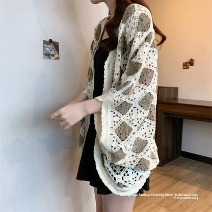 Bohemian Style Hollowed-out Long Sleeve Light Weight Sweater with V Neck and Batwing Sleeves